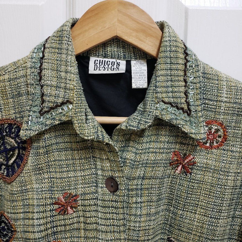 Chico's Green Multi Plaid Silk Blend Embroidered Beaded Fringe Tweed Blazer Sz S - Picture 3 of 14